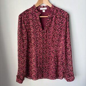 Coldwater Creek Sz Large 14 Burgundy Pink Green Print Ruffled Blouse Top Womens